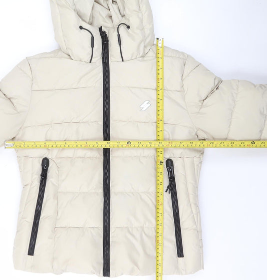 Superdry Women Beige Hooded Puffer Jacket UK 8 Winter Coat