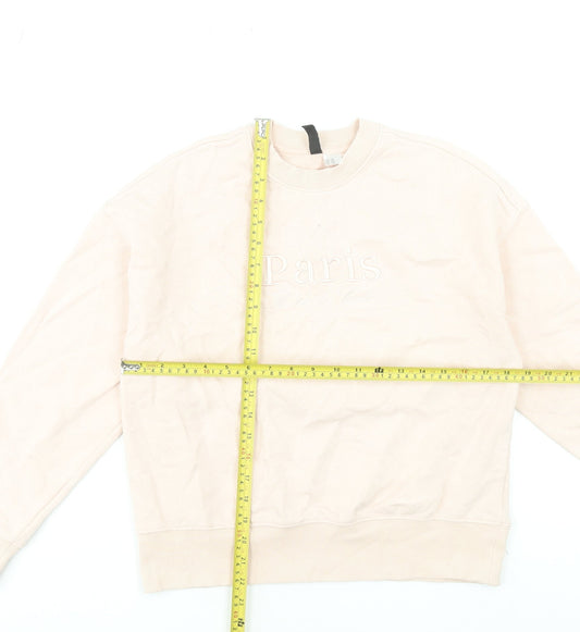 H&M Women Beige Paris Embroidered Pullover Sweatshirt XXS