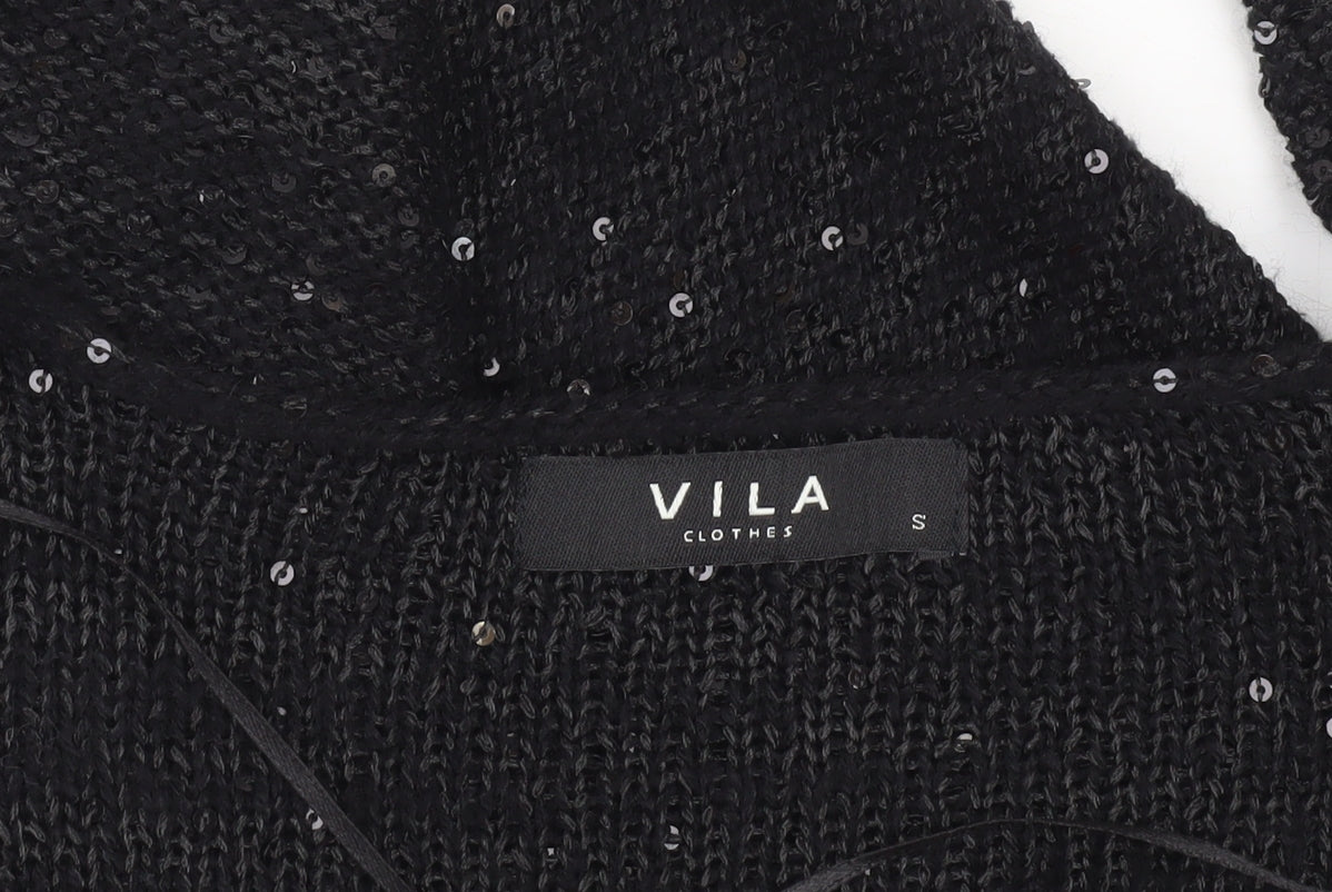 Vila Women’s Black Sequin Open-Knit Long Sleeve Cardigan Size S