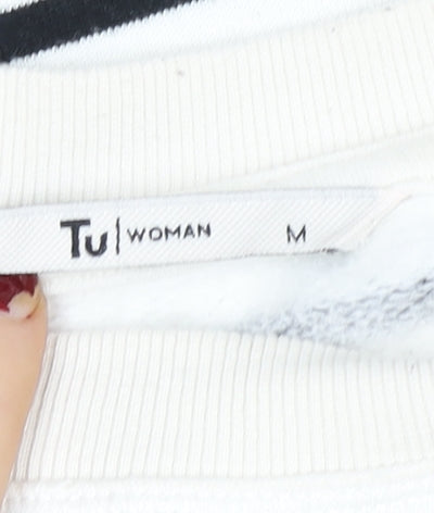 Brand and care label for Tu Woman Black & White Striped Pullover Sweatshirt, size M