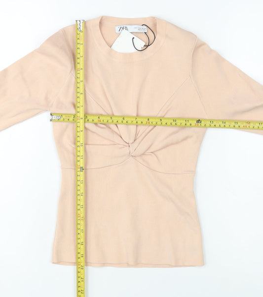 Zara Women Beige Knit Slim Fit Long Sleeve Crew Neck Blouse Size 8