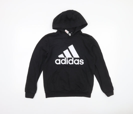 Adidas Boys Black Pullover Hoodie 11-12 Years Logo Cotton Blend
