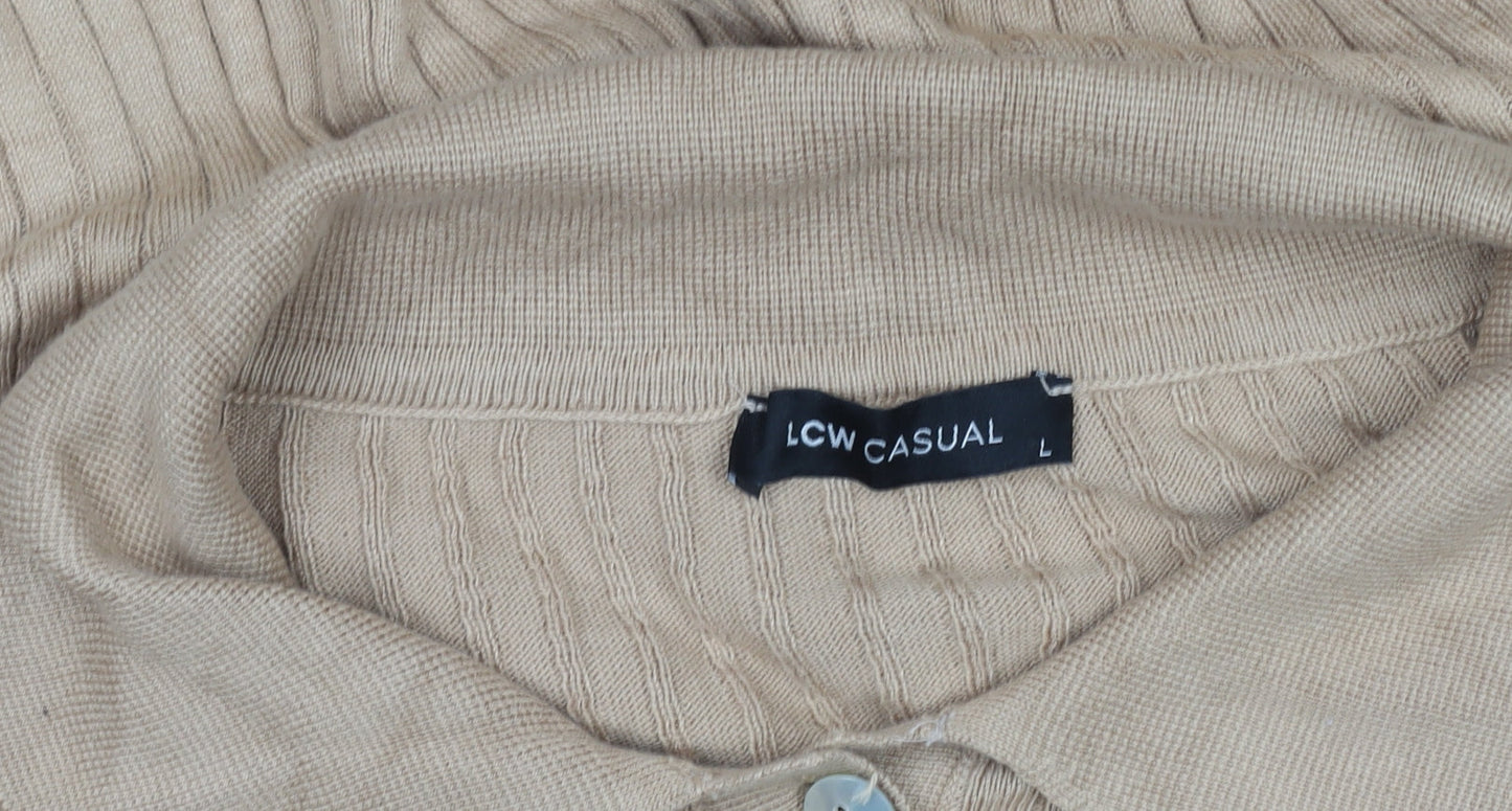 LC Waikiki Women Beige Ribbed Knit Collared Midi Shirt Dress L
