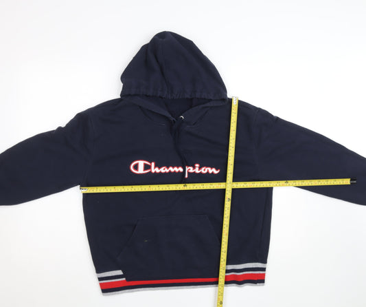 Champion Men's Blue Pullover Hoodie Size M Logo Stripe Hem
