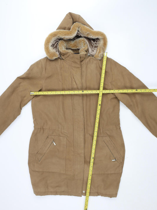 Debenhams Women Beige Faux Suede Faux Fur Hooded Parka Coat Size 12