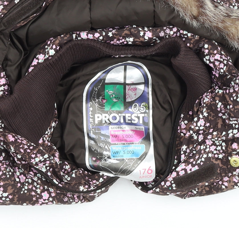 Additional view of Protest girls’ brown floral hooded waterproof puffer jacket, size 16, years