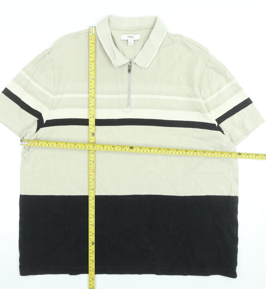 Marks and Spencer Men’s Beige Striped 1/4 Zip Cotton Polo Shirt 2XL