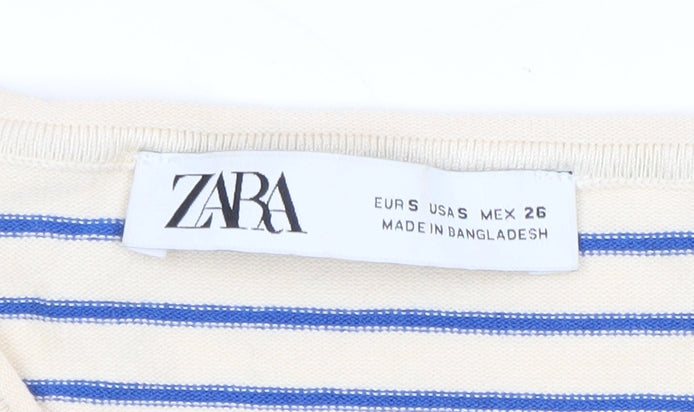 Zara Womens Beige Blue Striped Long Sleeve Cotton T-Shirt S