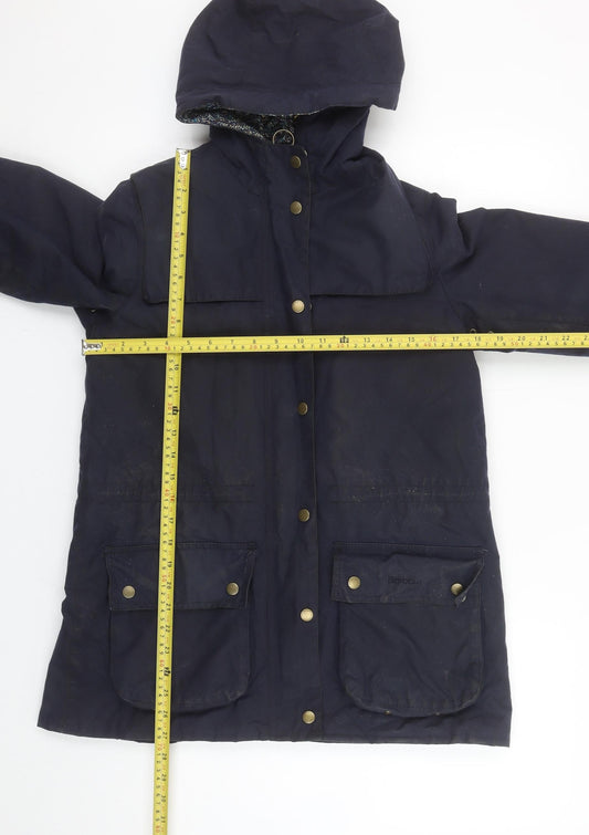 Barbour Womens Blue Wax Parka Jacket Size 8 Waterproof Lined Hooded Coat
