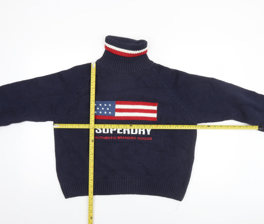 Superdry Women's Blue Roll Neck Chunky Knit Flag Jumper Size 16