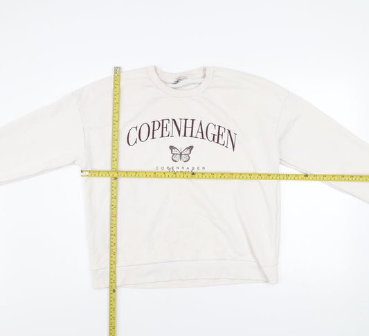 Stradivarius Women Beige Copenhagen Print Pullover Sweatshirt L