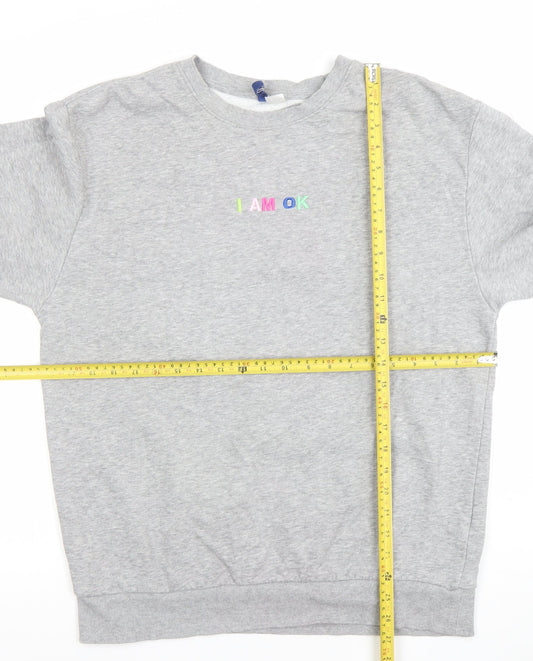 H&M Men's Grey Pullover Sweatshirt M Embroidered I AM OK