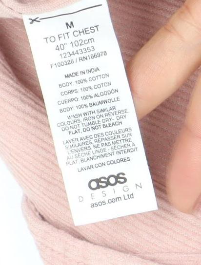 Brand and care label for ASOS DESIGN Men's Pink Corduroy Short Sleeve Button-Up Shirt M
