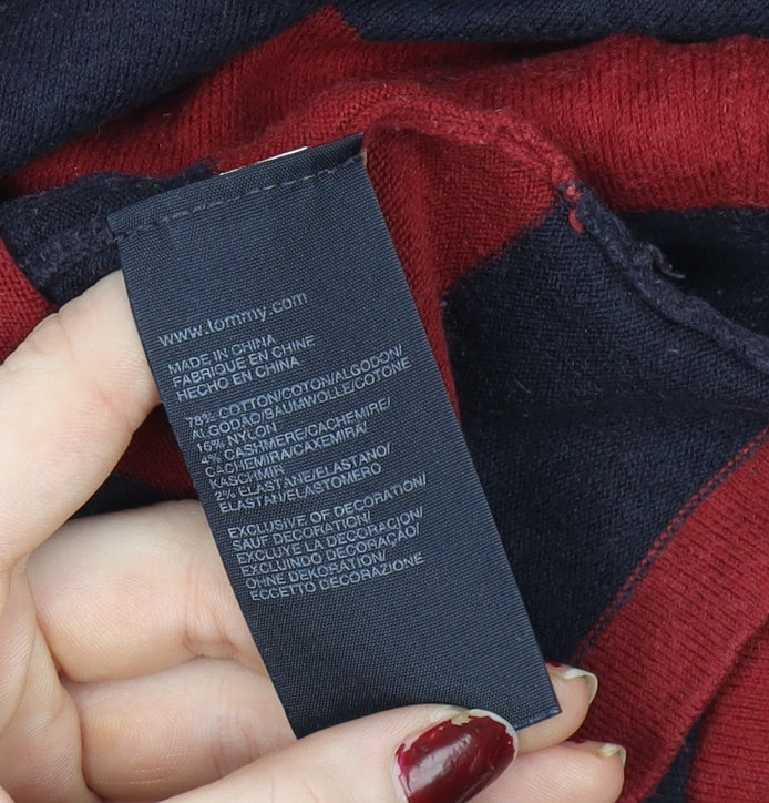 Tommy Hilfiger Men's Red Navy Striped Rugby Shirt L Long Sleeve Cotton