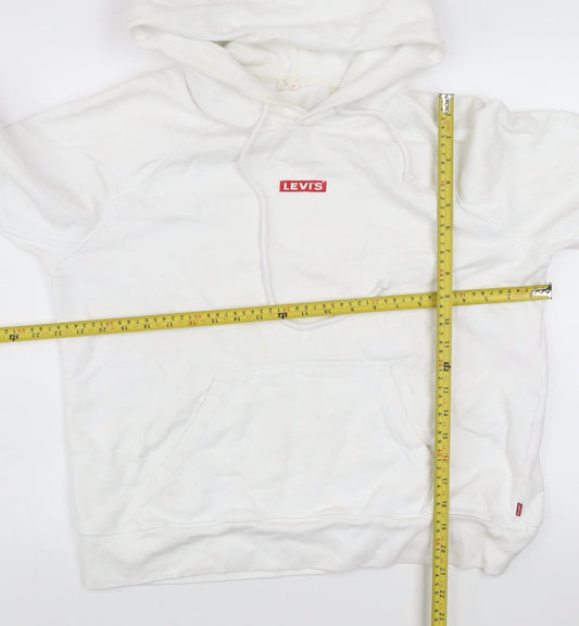 Levi's Women White Cotton Pullover Hoodie Size M Drawstring Logo Sweatshirt