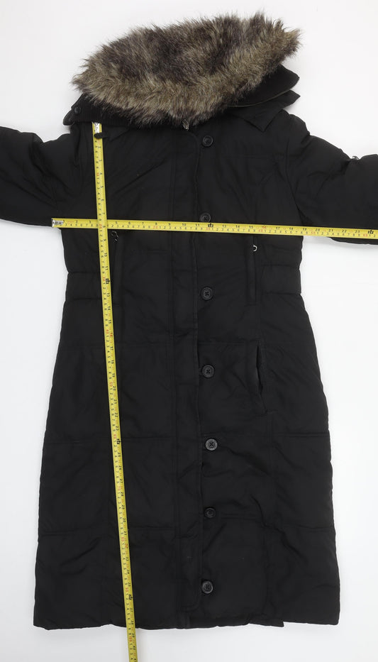 Tommy Hilfiger Women Black Long Parka Coat Faux Fur Trim Hood Belted M