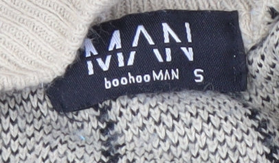 Brand and care label for boohooMAN Men's Beige Striped 1/2 Zip Knit Sweatshirt, size S
