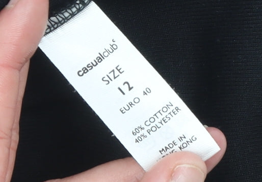 Brand and care label for Casual Club Women's Black Collared Beaded Button-Up Top, size 12