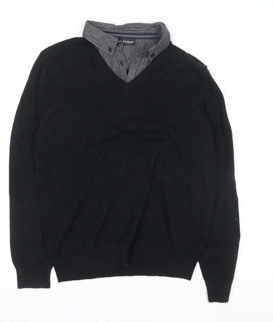 Marks and Spencer Men’s Black Medium V-Neck Knit Polo Sweater