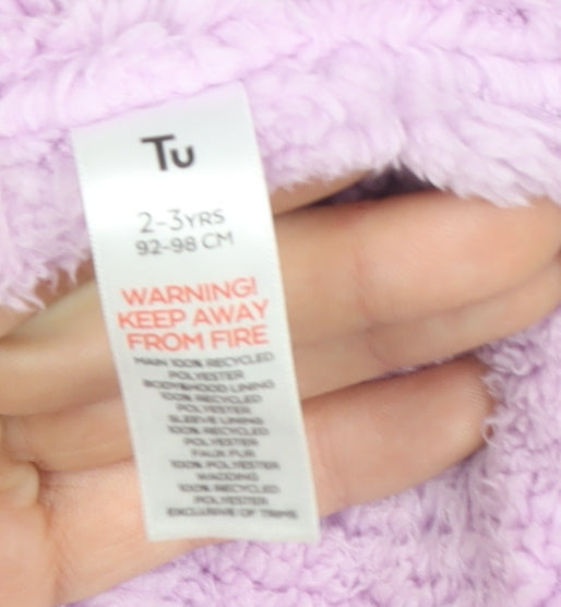 Brand and care label for Tu girls’ pink iridescent faux fur hooded puffer coat 2-3 years winter jacket