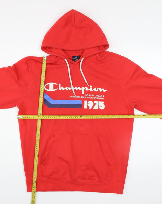 Champion Mens Red Pullover Hoodie Large Logo 1975 Graphic Sweatshirt