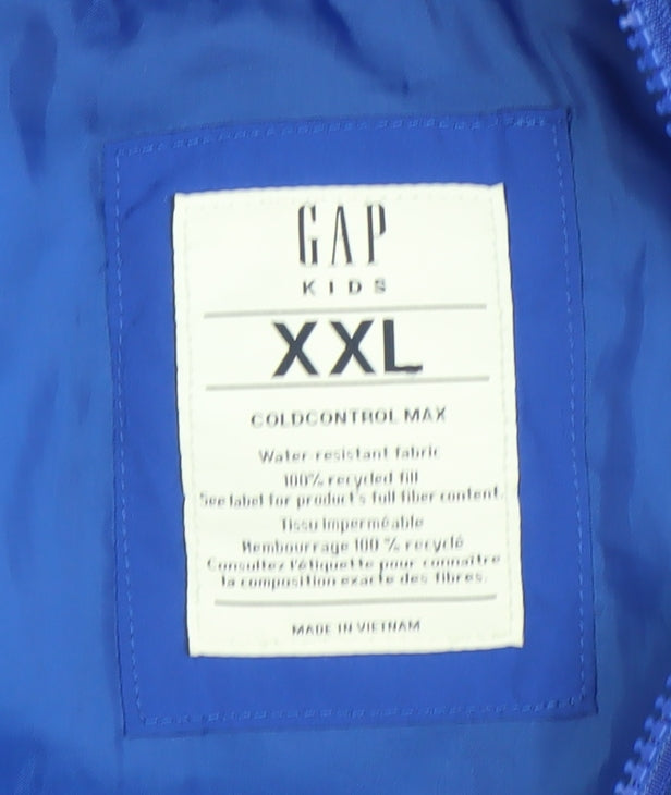 Brand and care label for Gap Kids boys’ blue hooded puffer jacket xxl winter water resistant