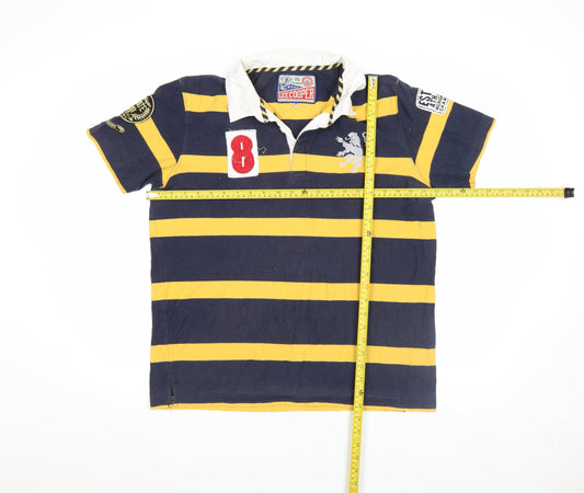 Lee Cooper Men's Navy Yellow Striped Rugby Polo Shirt M
