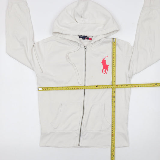 Ralph Lauren Women White Full Zip Hoodie L Cotton Blend Pink Logo