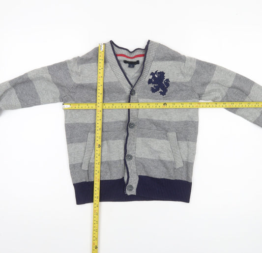 Tommy Hilfiger Boys Grey Striped Cardigan Jumper Size 6-7 Years Cotton Blend