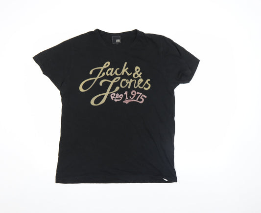 Unisex Adultss UK Size L JACK & JONES Black 100% Cotton T-Shirt