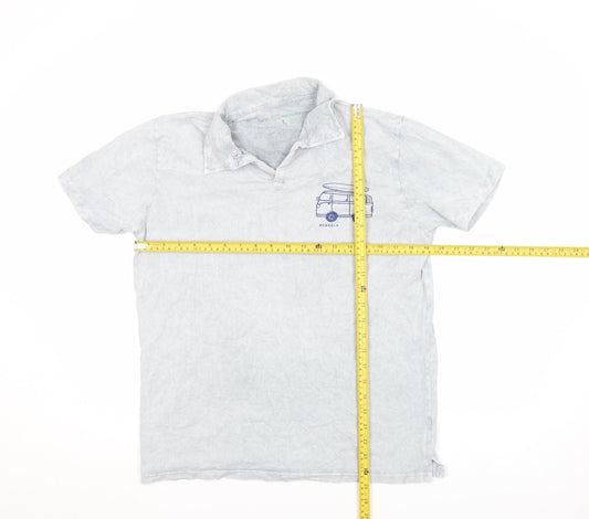 Finestra Men’s Grey Acid Wash Polo Shirt L Surf Van Print Casual Top