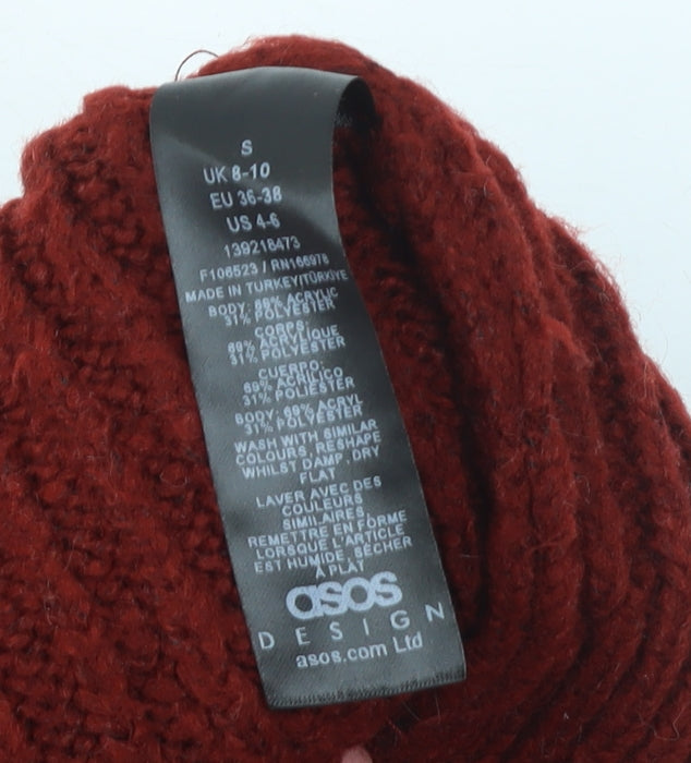 Brand and care label for ASOS Women’s Red Cowl Neck Ribbed Knit Jumper, size S, UK 8-10