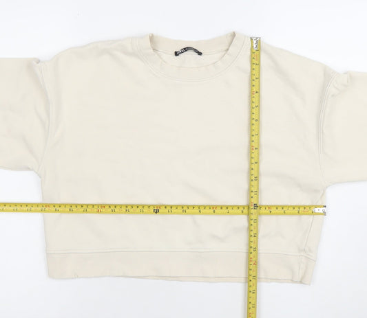Zara Women Beige Crew Neck Pullover Sweatshirt Size S Cotton Blend