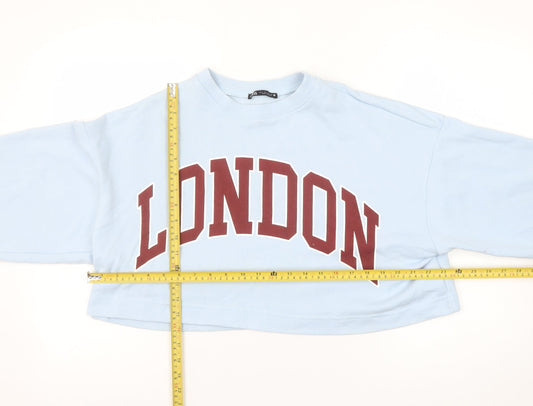 ZARA Women Blue Cropped Pullover Sweatshirt London Logo Size S