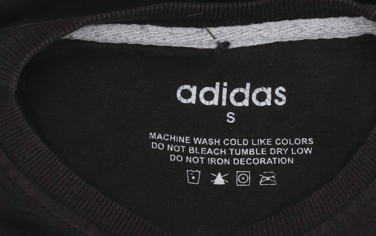 Brand and care label for Adidas men’s black crew neck graphic logo sweatshirt, size S