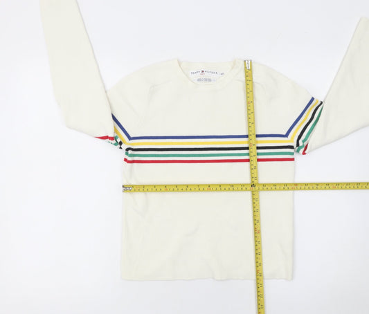 Tommy Hilfiger Women White Stripe Crew Knit Cotton Jumper Size S