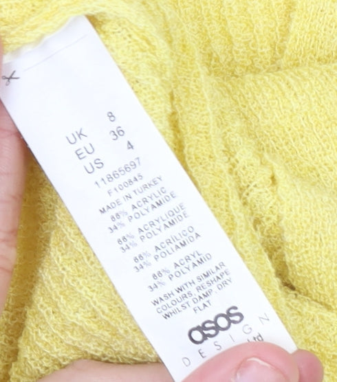 Brand and care label for ASOS DESIGN Women’s Yellow Knit Sleeveless V-Neck Tank Top, size UK 8