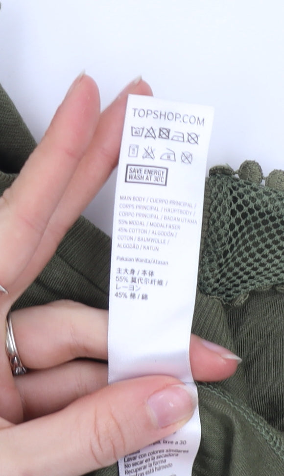 Topshop Women's Green Crochet Trim Crew Neck T-Shirt Size 10