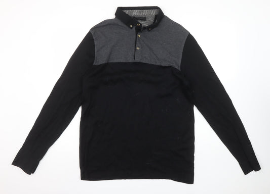 Authentic Casual Wear Men’s Black Grey Long Sleeve Polo Shirt L 100% Cotton