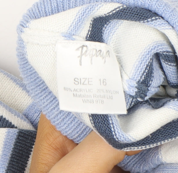 Brand and care label for Papaya Women's Blue Striped V-Neck Pullover Sweater, size 16