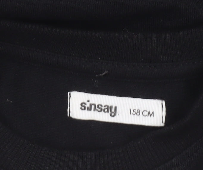 Sinsay Girls Black Pullover Sweatshirt 158cm Crew Neck Long Sleeve