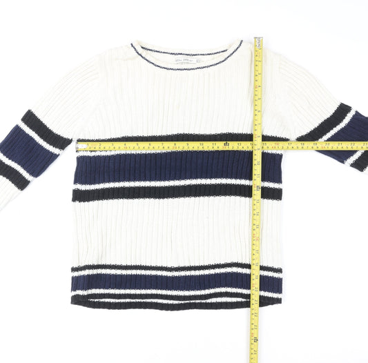 Zara Women’s Cream Navy Striped Ribbed Pullover Sweatshirt Size M