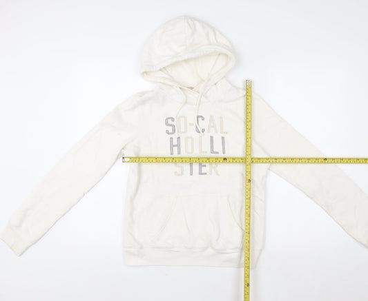 Hollister Women Ivory Hoodie S Pullover Logo Embroidered Cotton Blend