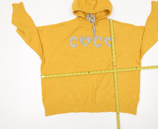 Enzoria Women Mustard Yellow Hooded Pullover Glitter COCO Sweatshirt One Size