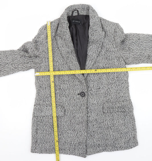 Et Vous Women's Grey Herringbone Single-Breasted Blazer Size 12 Wool Blend