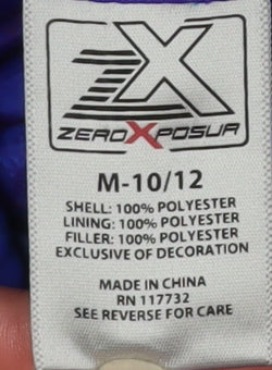 Brand and care label for ZeroXposur girls’ purple hooded puffer jacket, size 10-12, years winter coat