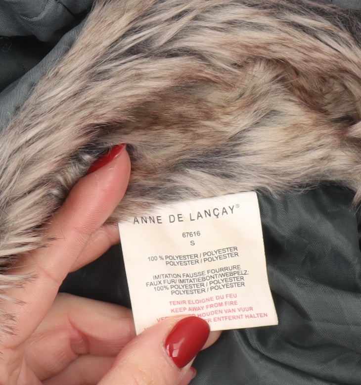 Brand and care label for Anne de Lançay women’s grey quilted faux fur hooded puffer coat s