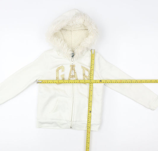 Gap Girls Ivory Faux Fur Hooded Lined Zip Jacket 5 Years