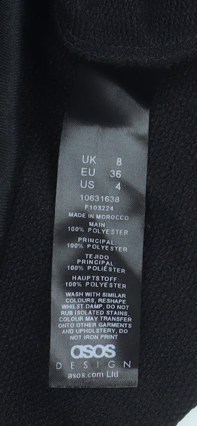 Brand and care label for ASOS Design women’s black longline pullover sweatshirt, size UK 8
