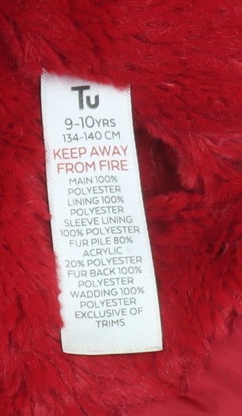Brand and care label for Tu girls’ red faux fur hooded puffer coat 9-10 years winter jacket